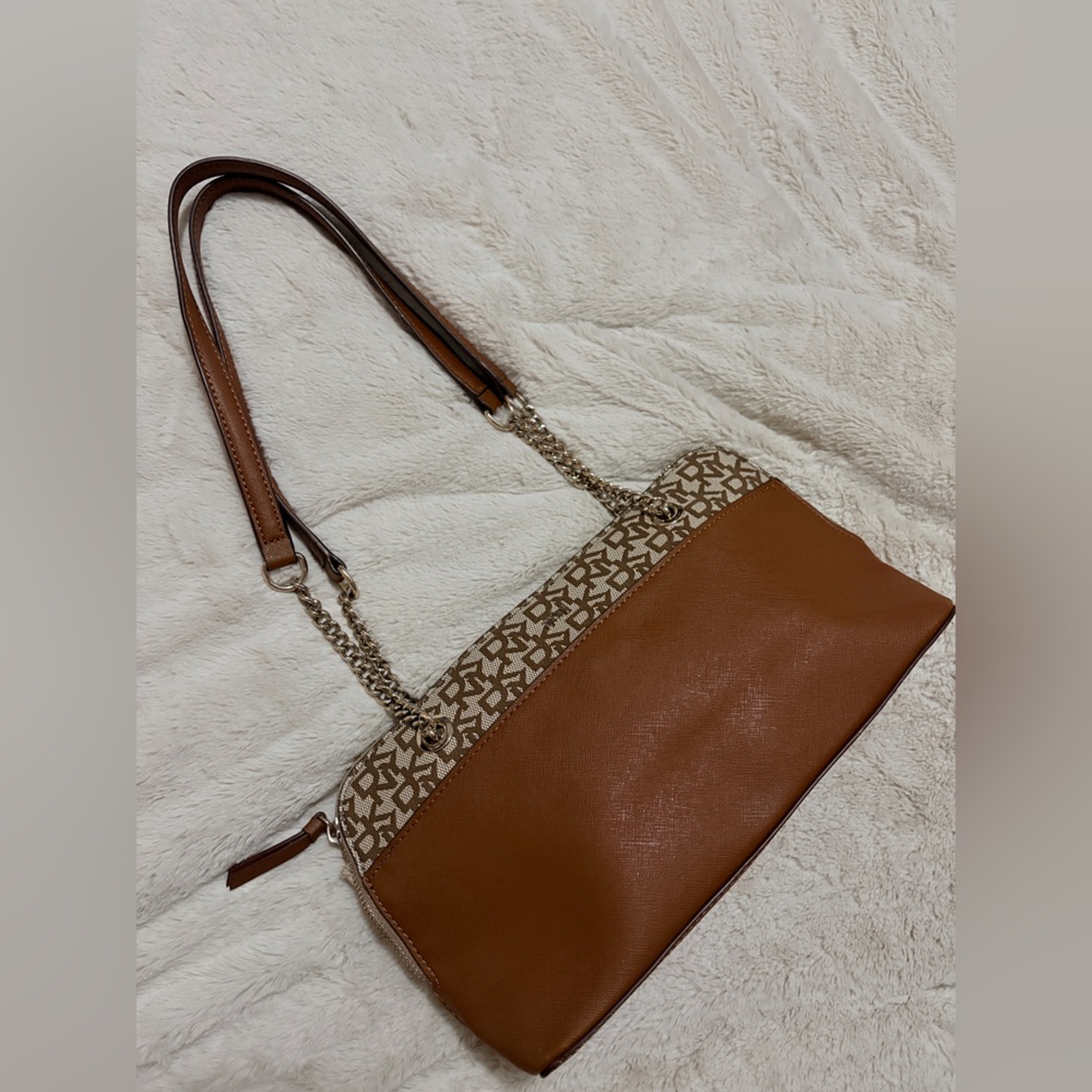 Dkny Brown and Beige Signature-Trim Shoulder Bag